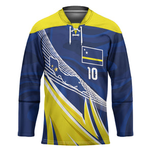 Curacao National Football Custom Hockey Jersey Abstract Sharp Wave Pattern Sporty Style with Map