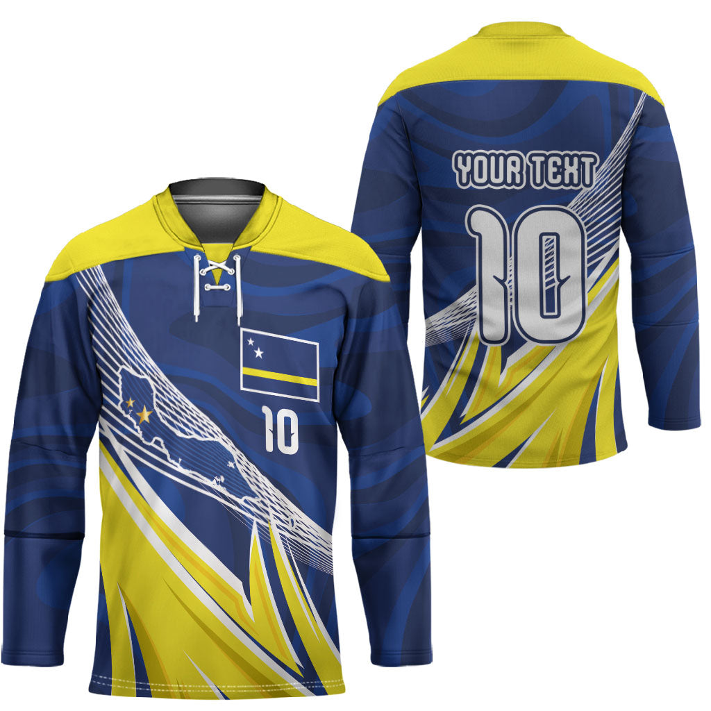 Curacao National Football Custom Hockey Jersey Abstract Sharp Wave Pattern Sporty Style with Map