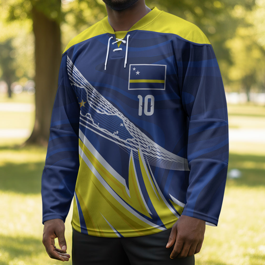 Curacao National Football Custom Hockey Jersey Abstract Sharp Wave Pattern Sporty Style with Map