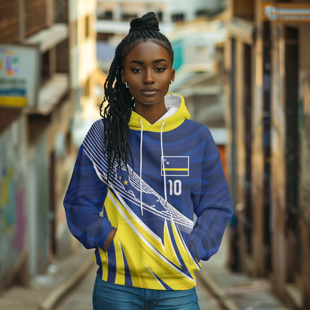 Curacao National Football Custom Hoodie Abstract Sharp Wave Pattern Sporty Style with Map