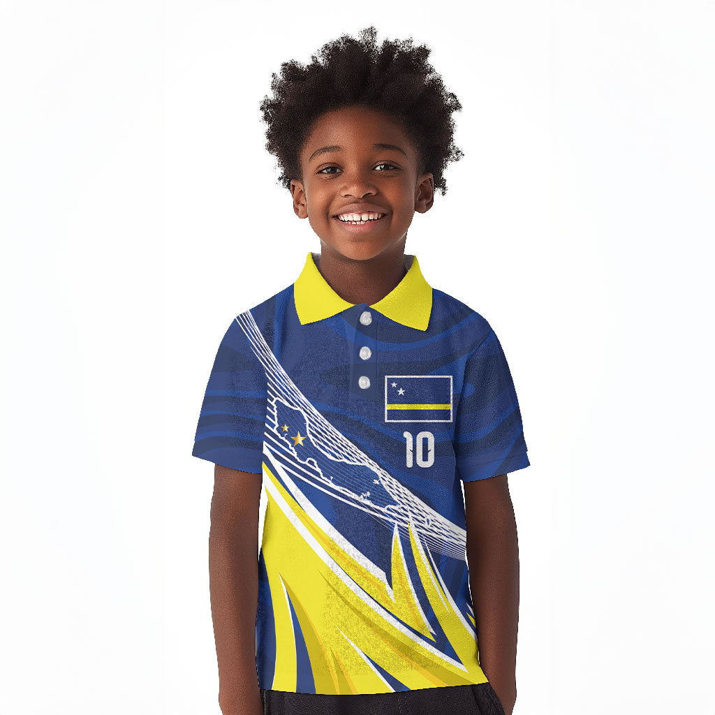 Curacao National Football Custom Kid Polo Shirt Abstract Sharp Wave Pattern Sporty Style with Map