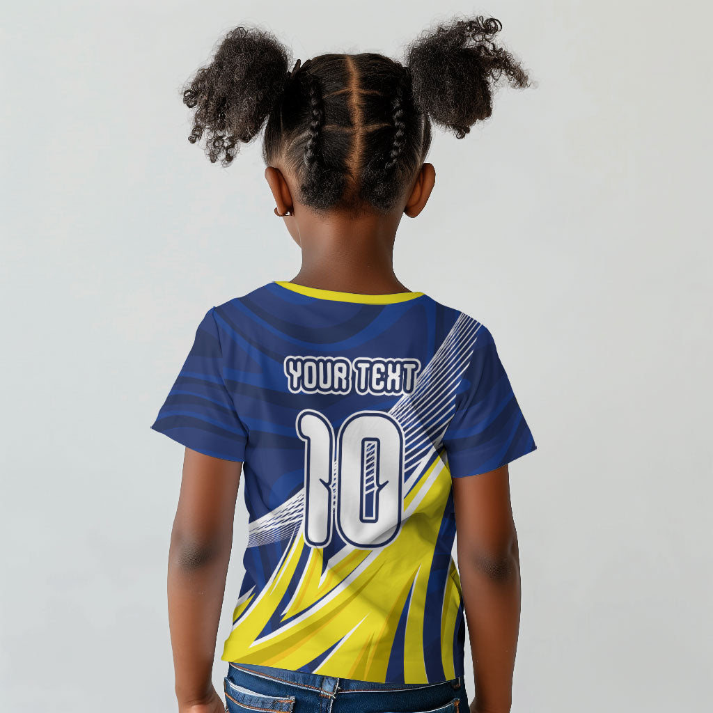 Curacao National Football Custom Kid T shirt Abstract Sharp Wave Pattern Sporty Style with Map