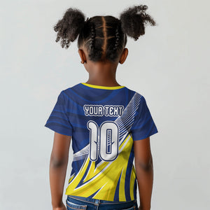 Curacao National Football Custom Kid T shirt Abstract Sharp Wave Pattern Sporty Style with Map