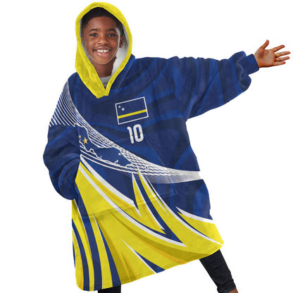 Curacao National Football Custom Kid Wearable Blanket Hoodie Abstract Sharp Wave Pattern Sporty Style with Map