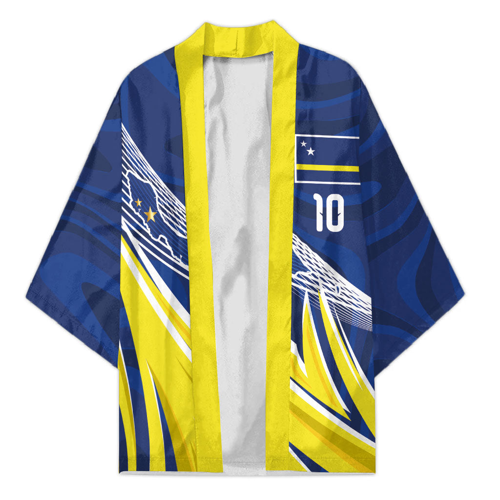 Curacao National Football Custom Kimono Abstract Sharp Wave Pattern Sporty Style with Map