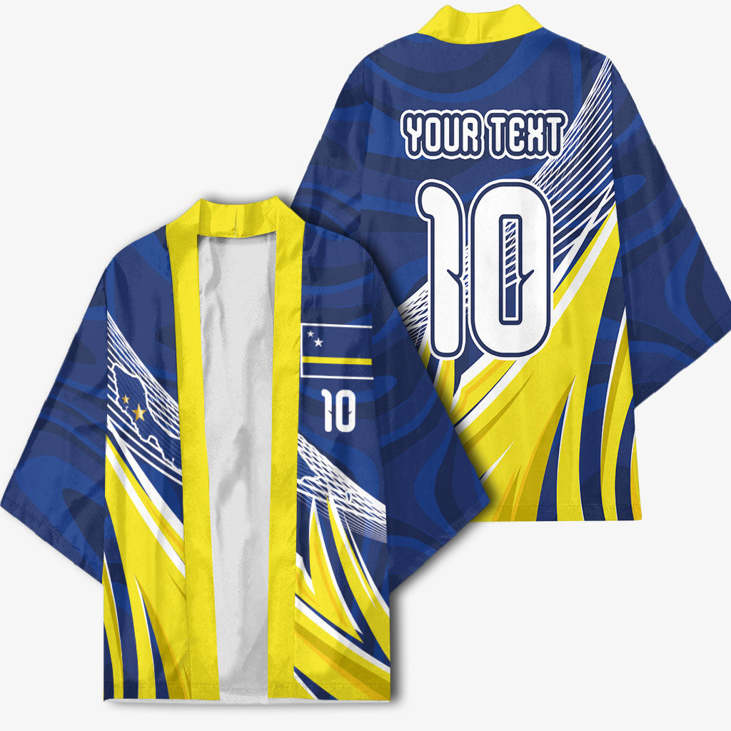 Curacao National Football Custom Kimono Abstract Sharp Wave Pattern Sporty Style with Map