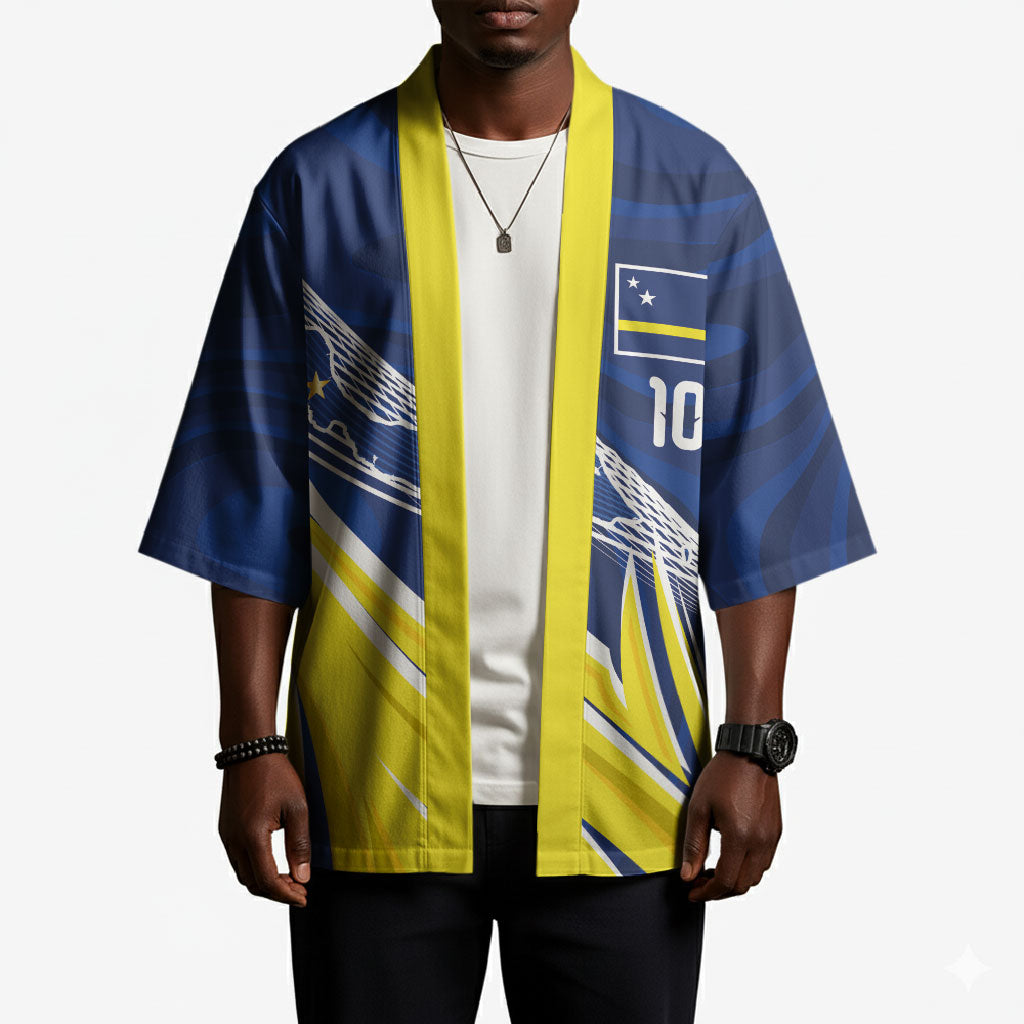 Curacao National Football Custom Kimono Abstract Sharp Wave Pattern Sporty Style with Map