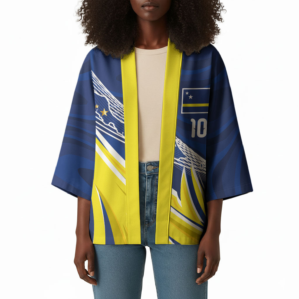 Curacao National Football Custom Kimono Abstract Sharp Wave Pattern Sporty Style with Map