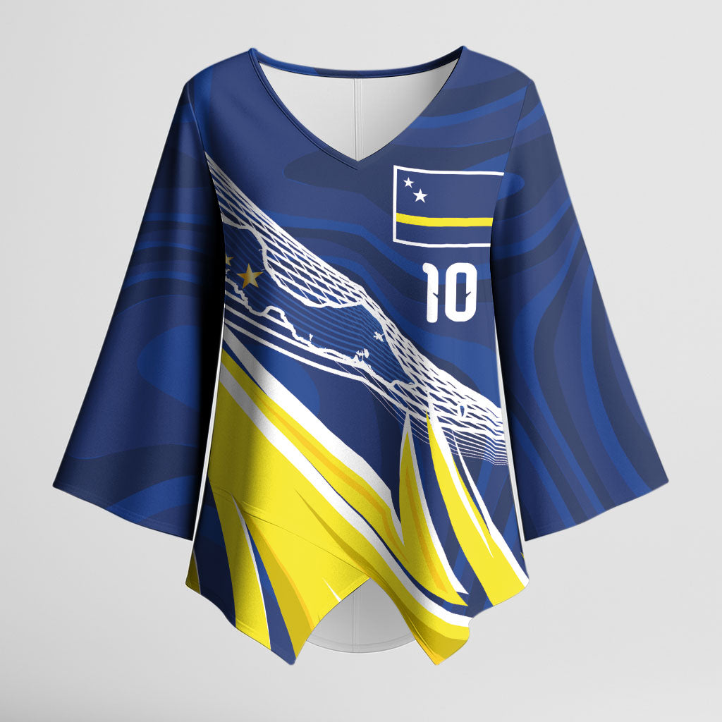 Curacao National Football Custom Kimono Sleeve Blouse Abstract Sharp Wave Pattern Sporty Style with Map