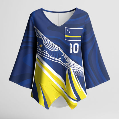 Curacao National Football Custom Kimono Sleeve Blouse Abstract Sharp Wave Pattern Sporty Style with Map
