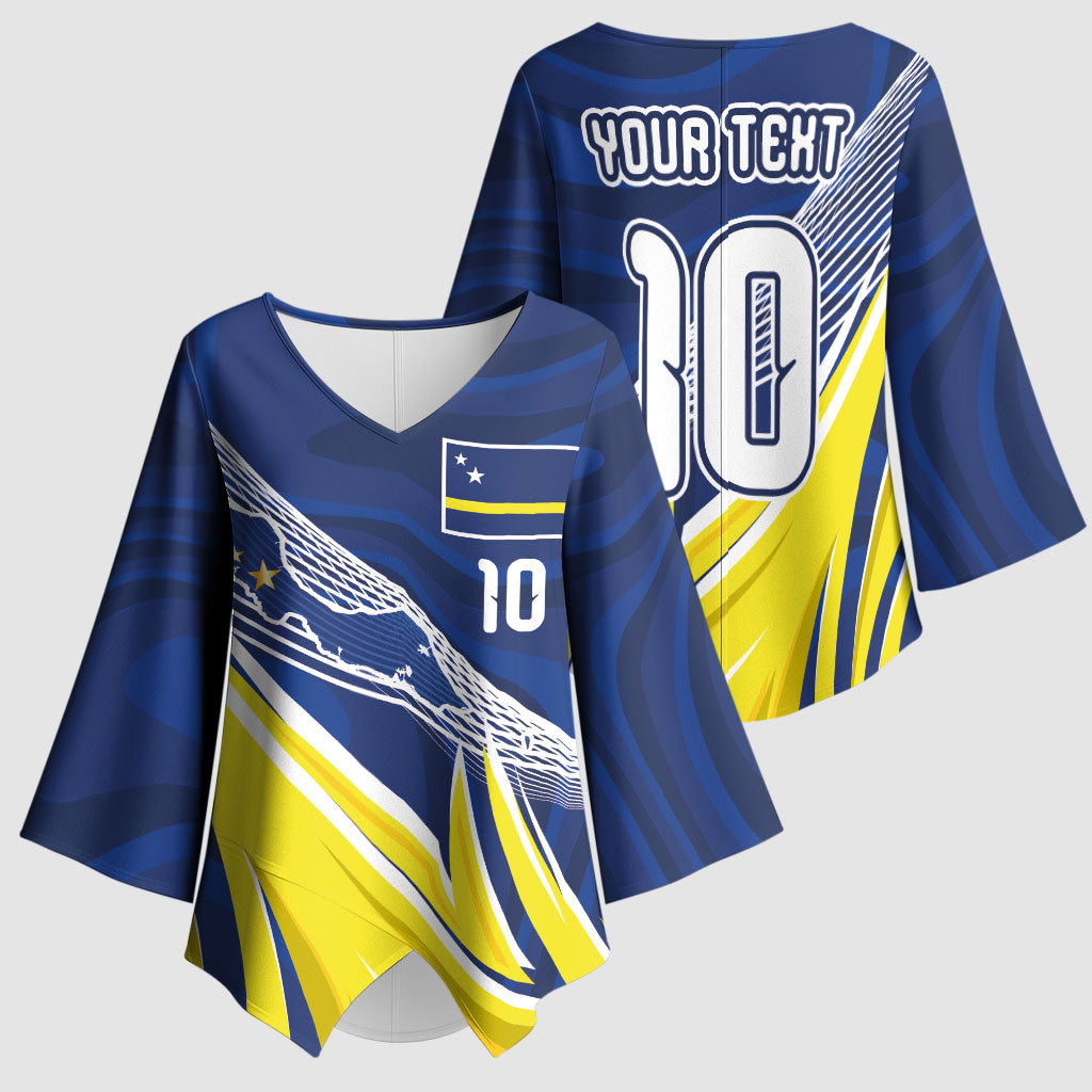 Curacao National Football Custom Kimono Sleeve Blouse Abstract Sharp Wave Pattern Sporty Style with Map