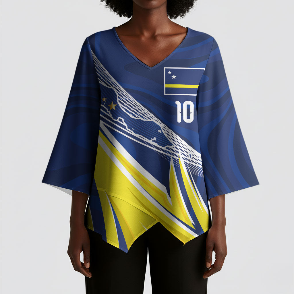 Curacao National Football Custom Kimono Sleeve Blouse Abstract Sharp Wave Pattern Sporty Style with Map