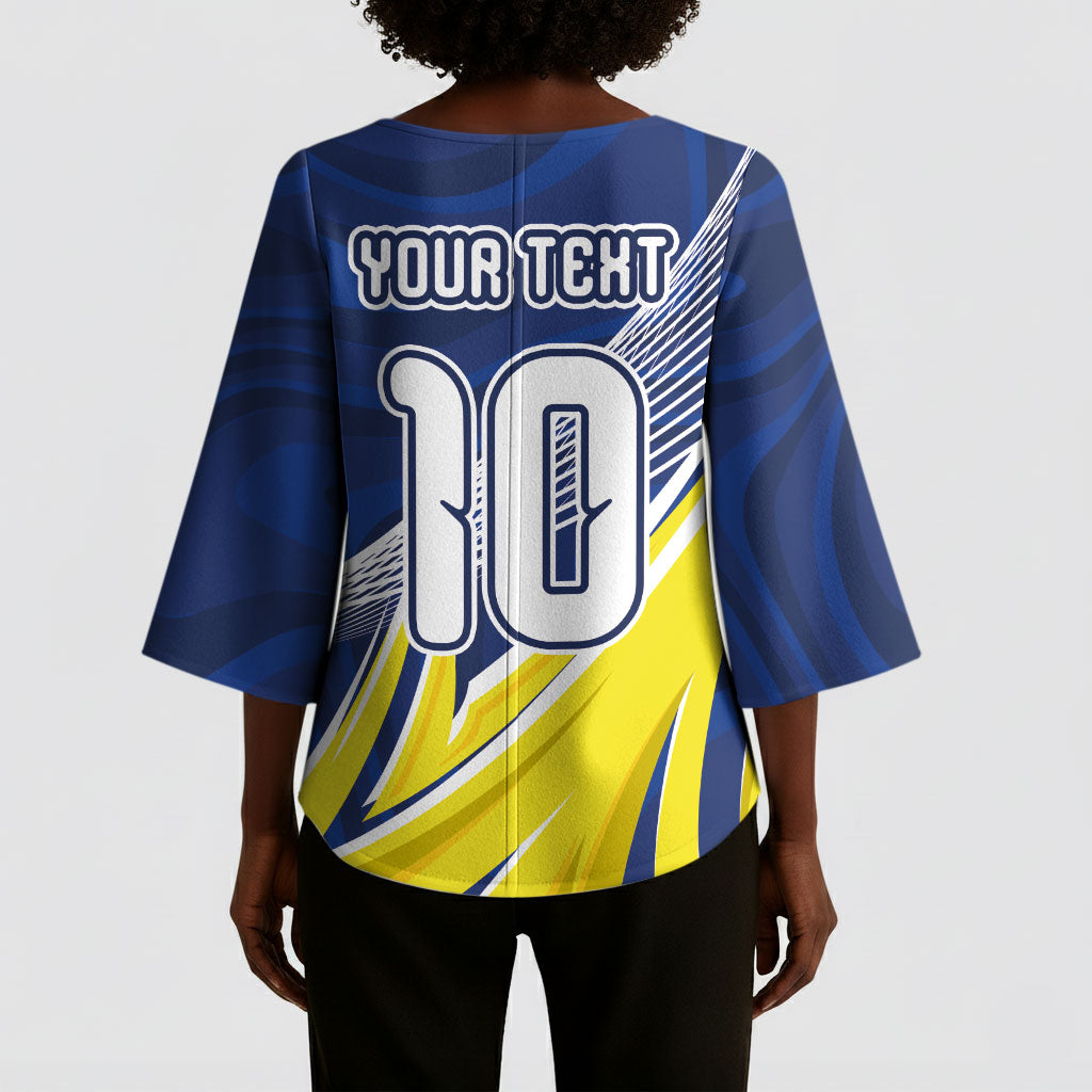 Curacao National Football Custom Kimono Sleeve Blouse Abstract Sharp Wave Pattern Sporty Style with Map