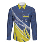 Curacao National Football Custom Long Sleeve Button Shirt Abstract Sharp Wave Pattern Sporty Style with Map