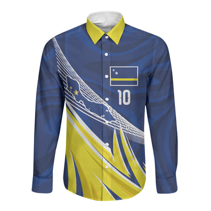 Curacao National Football Custom Long Sleeve Button Shirt Abstract Sharp Wave Pattern Sporty Style with Map