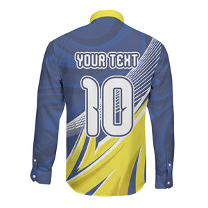 Curacao National Football Custom Long Sleeve Button Shirt Abstract Sharp Wave Pattern Sporty Style with Map