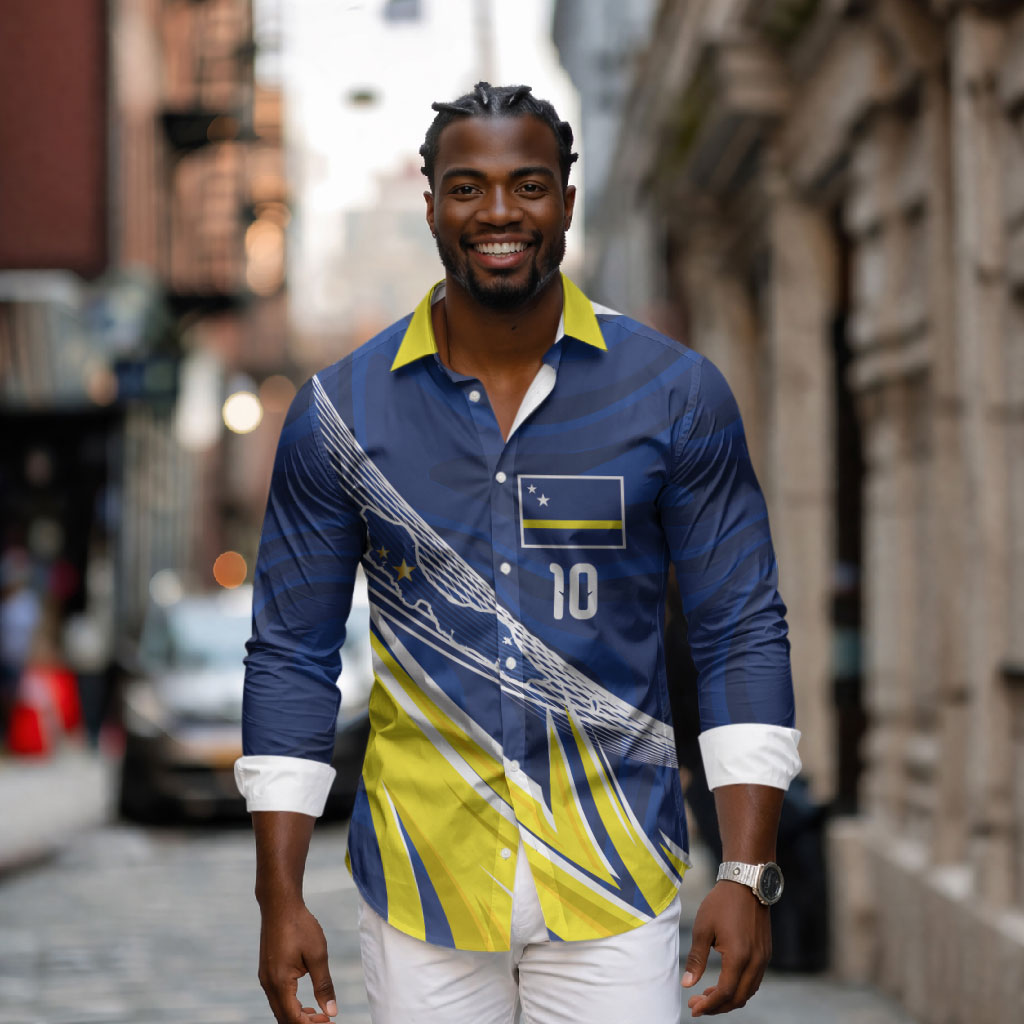Curacao National Football Custom Long Sleeve Button Shirt Abstract Sharp Wave Pattern Sporty Style with Map