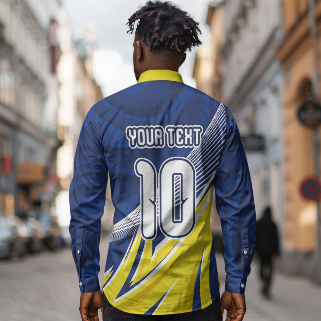 Curacao National Football Custom Long Sleeve Button Shirt Abstract Sharp Wave Pattern Sporty Style with Map