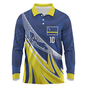 Curacao National Football Custom Long Sleeve Polo Shirt Abstract Sharp Wave Pattern Sporty Style with Map