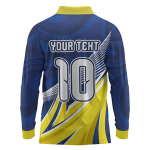 Curacao National Football Custom Long Sleeve Polo Shirt Abstract Sharp Wave Pattern Sporty Style with Map