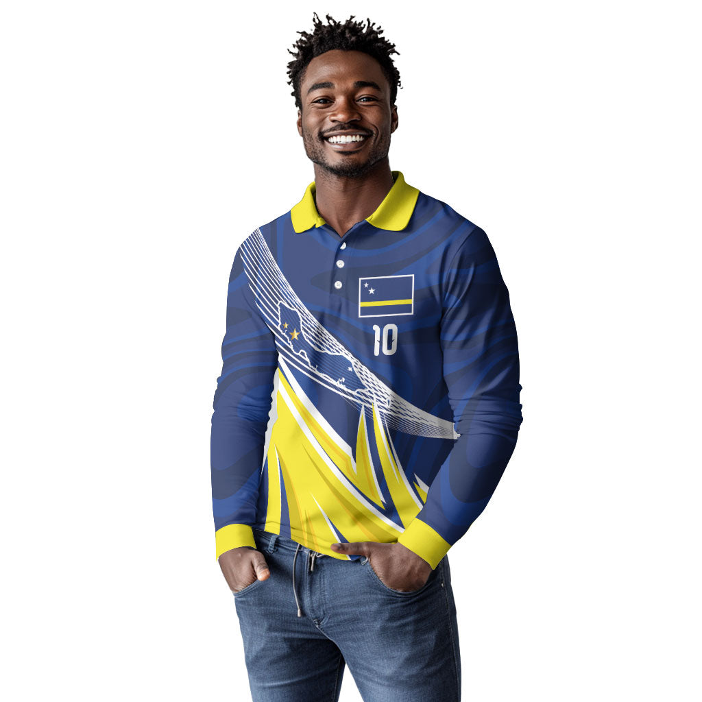 Curacao National Football Custom Long Sleeve Polo Shirt Abstract Sharp Wave Pattern Sporty Style with Map