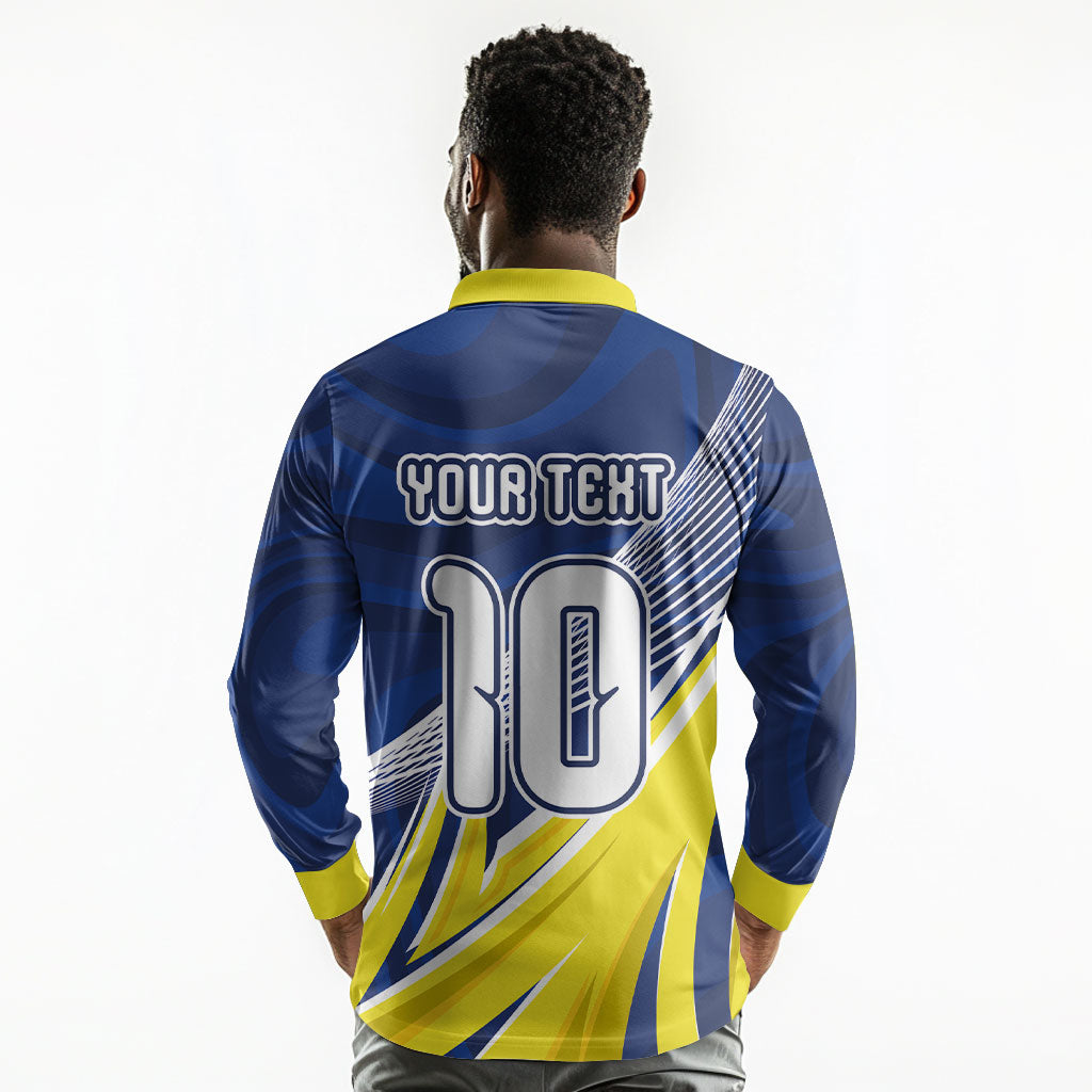 Curacao National Football Custom Long Sleeve Polo Shirt Abstract Sharp Wave Pattern Sporty Style with Map