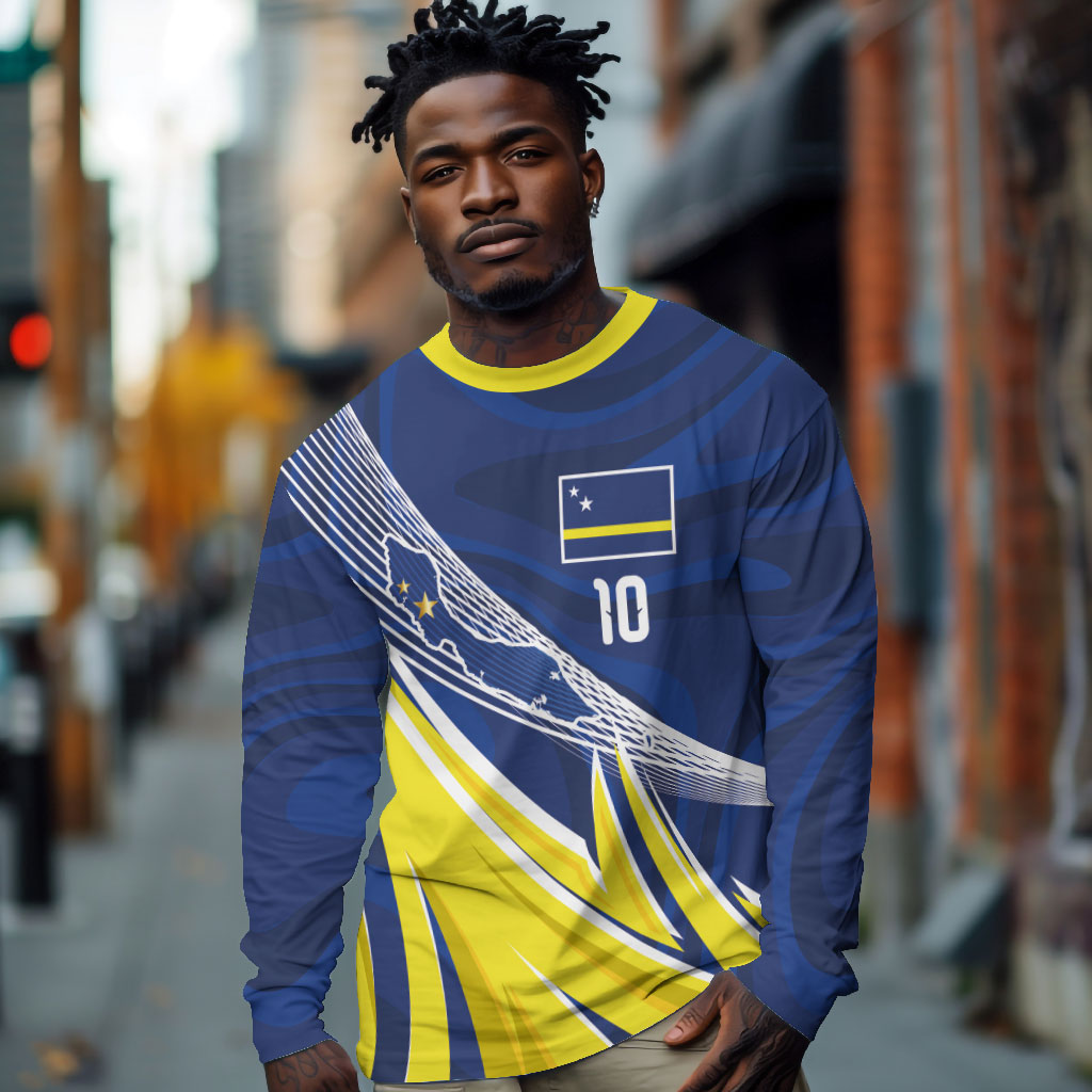 Curacao National Football Custom Long Sleeve Shirt Abstract Sharp Wave Pattern Sporty Style with Map