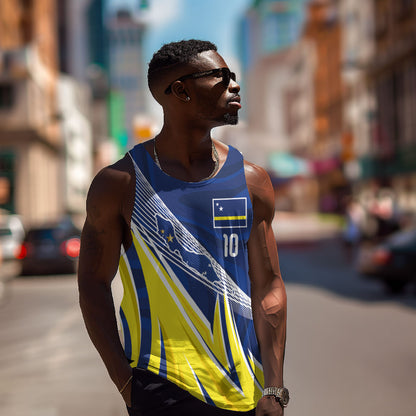 Curacao National Football Custom Men Tank Top Abstract Sharp Wave Pattern Sporty Style with Map