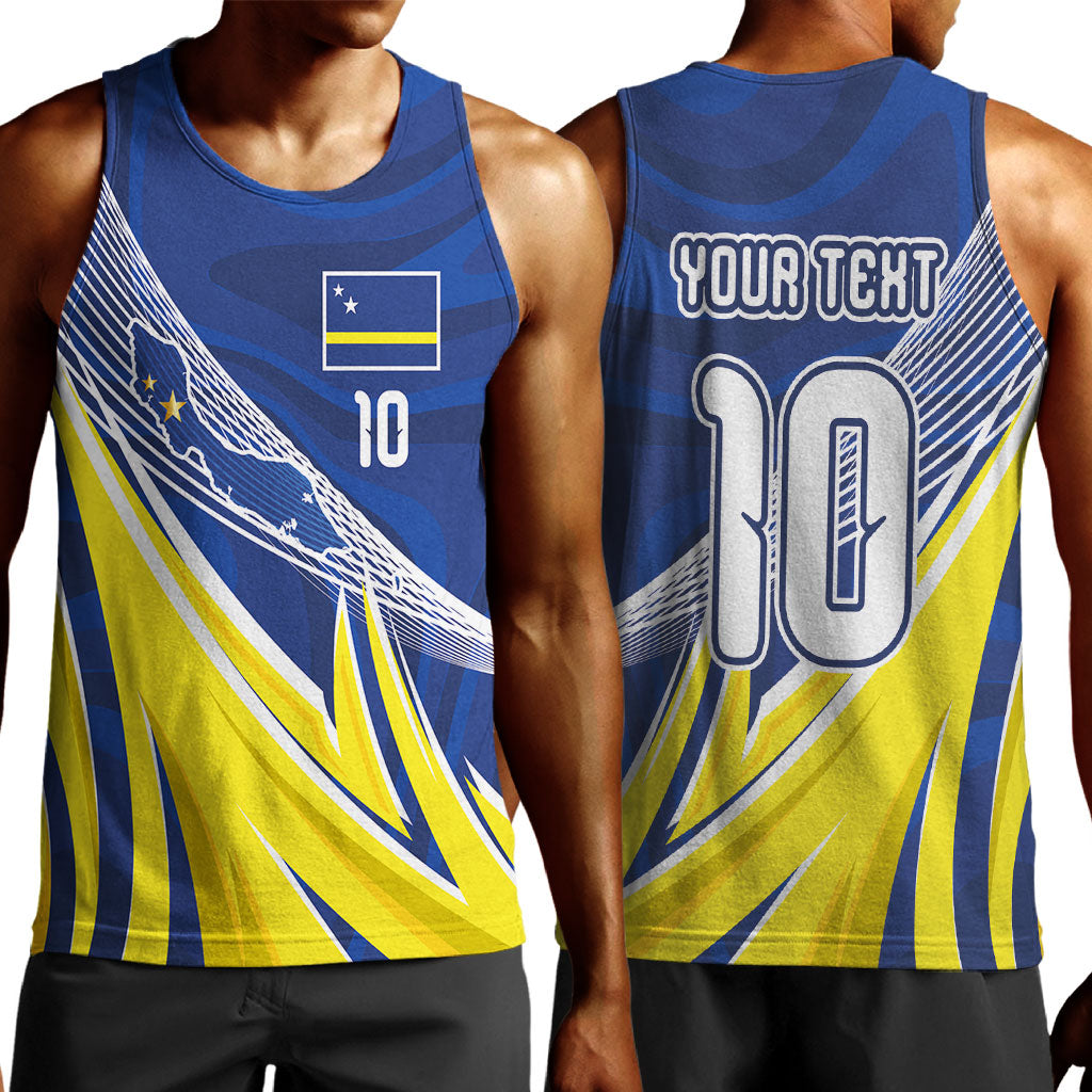Curacao National Football Custom Men Tank Top Abstract Sharp Wave Pattern Sporty Style with Map