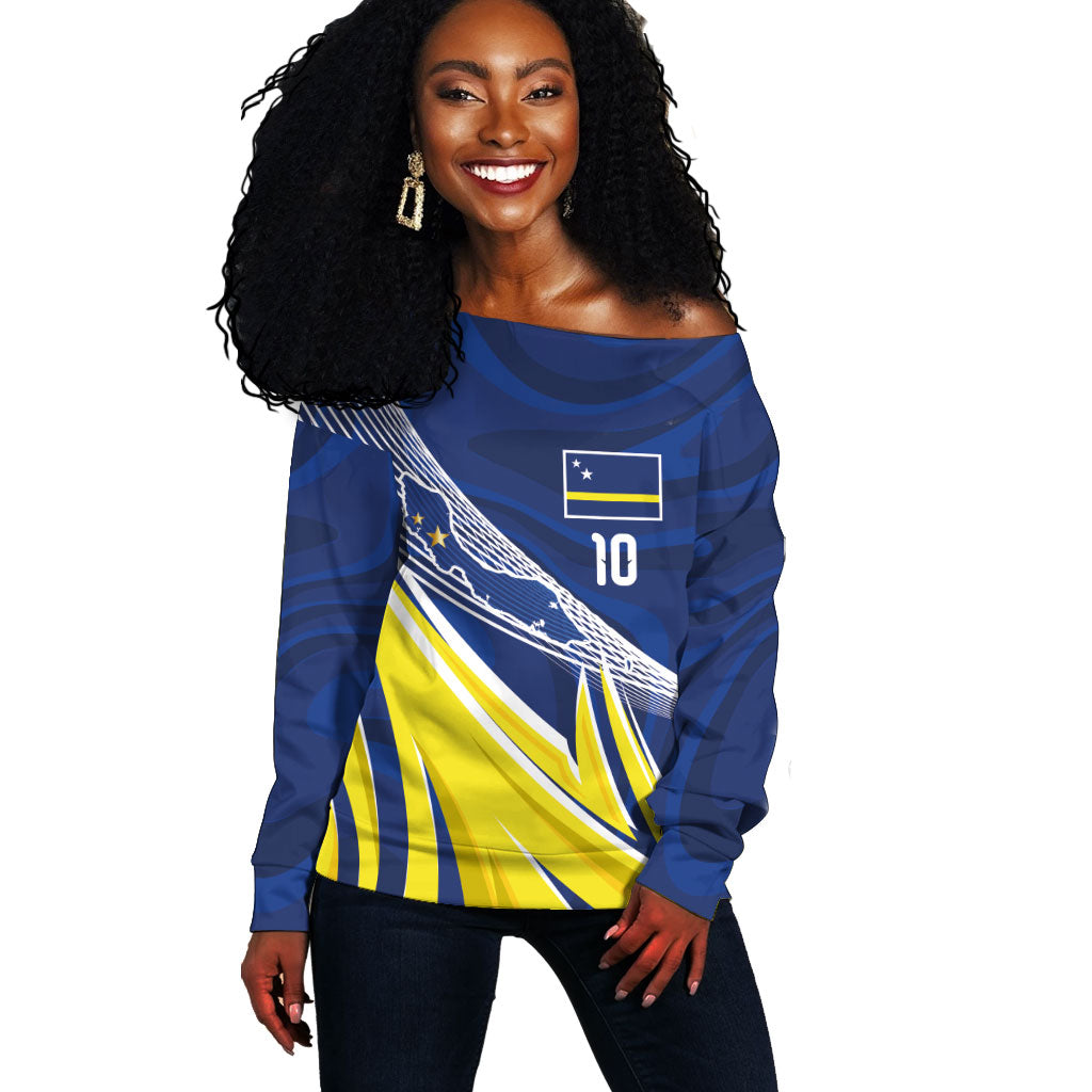 Curacao National Football Custom Off Shoulder Sweater Abstract Sharp Wave Pattern Sporty Style with Map