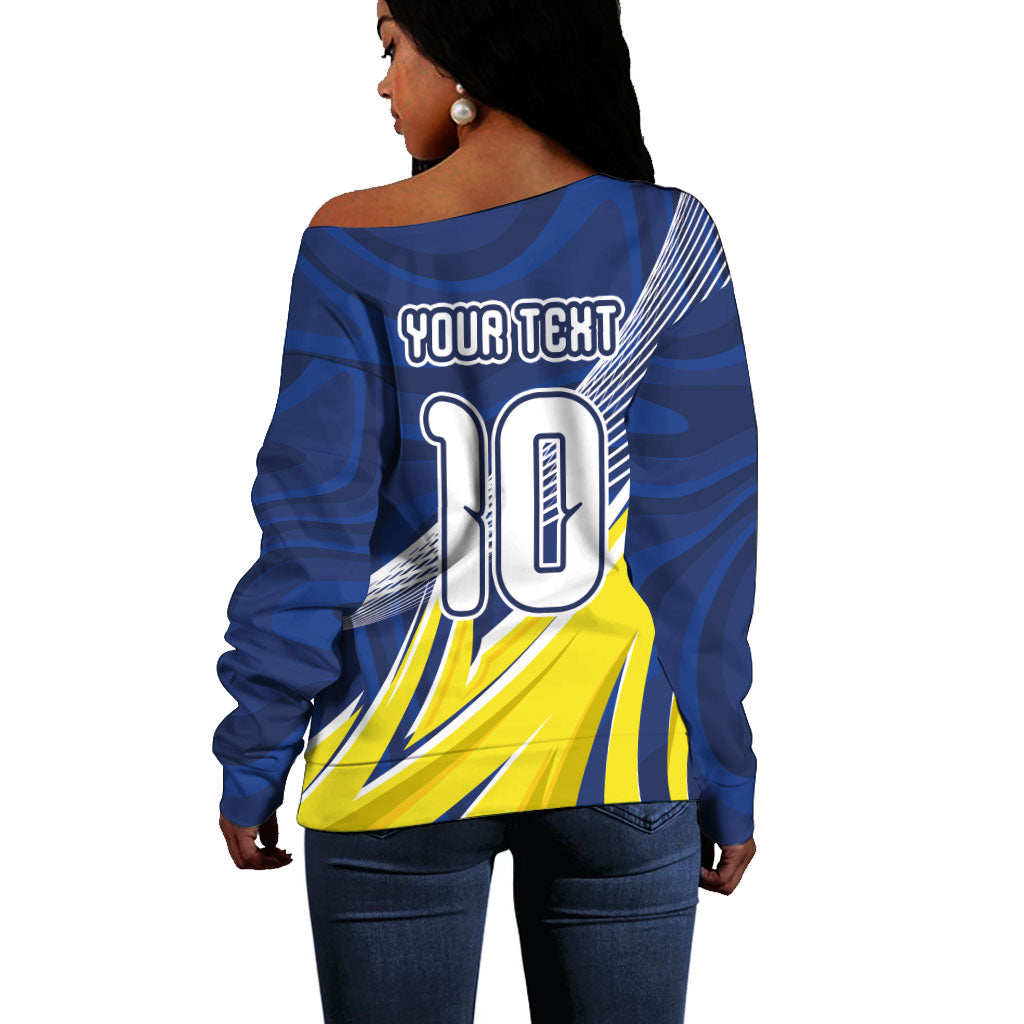 Curacao National Football Custom Off Shoulder Sweater Abstract Sharp Wave Pattern Sporty Style with Map