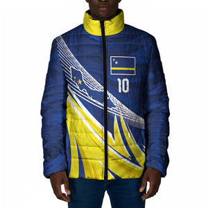 Curacao National Football Custom Padded Jacket Abstract Sharp Wave Pattern Sporty Style with Map