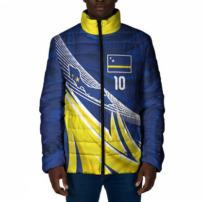 Curacao National Football Custom Padded Jacket Abstract Sharp Wave Pattern Sporty Style with Map