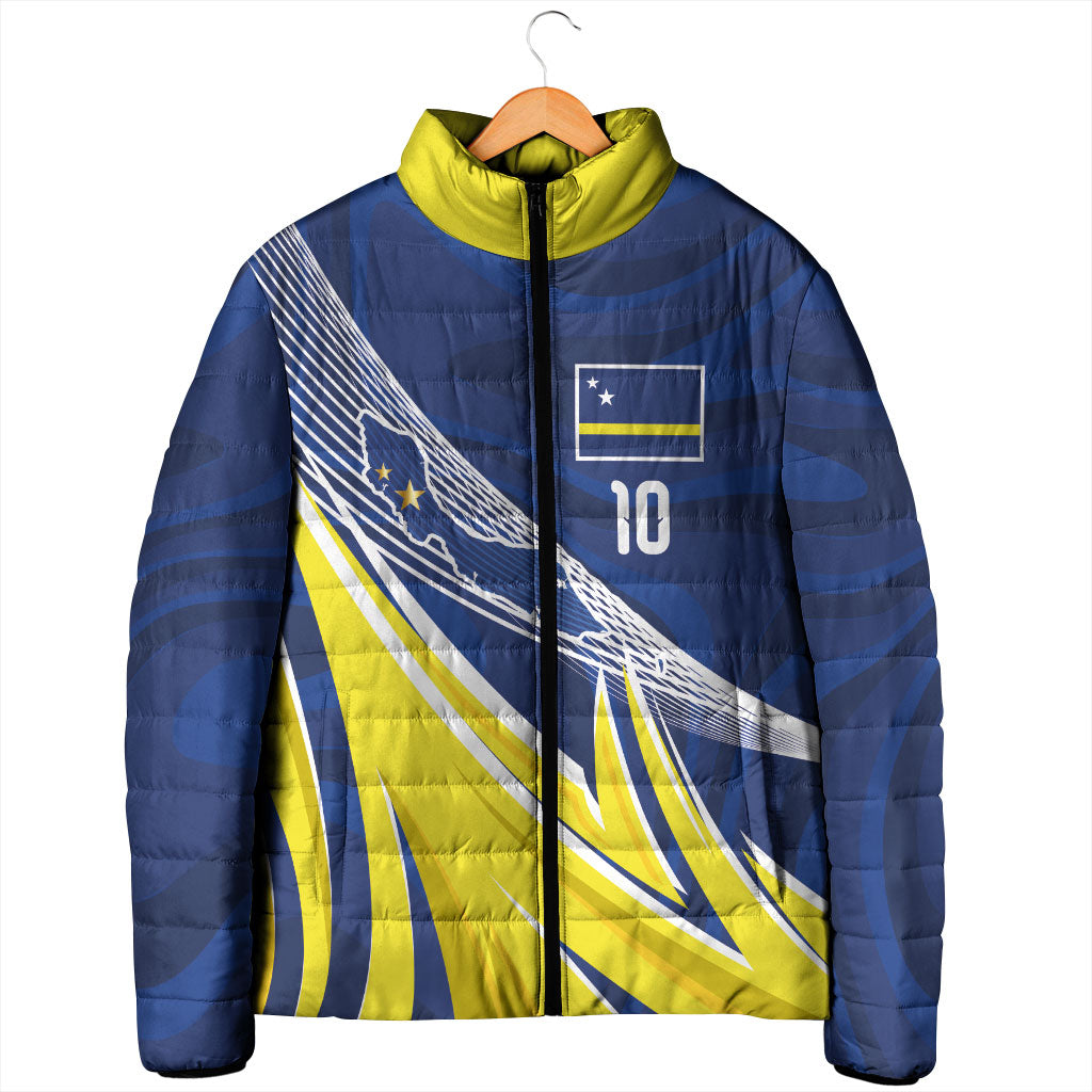 Curacao National Football Custom Padded Jacket Abstract Sharp Wave Pattern Sporty Style with Map