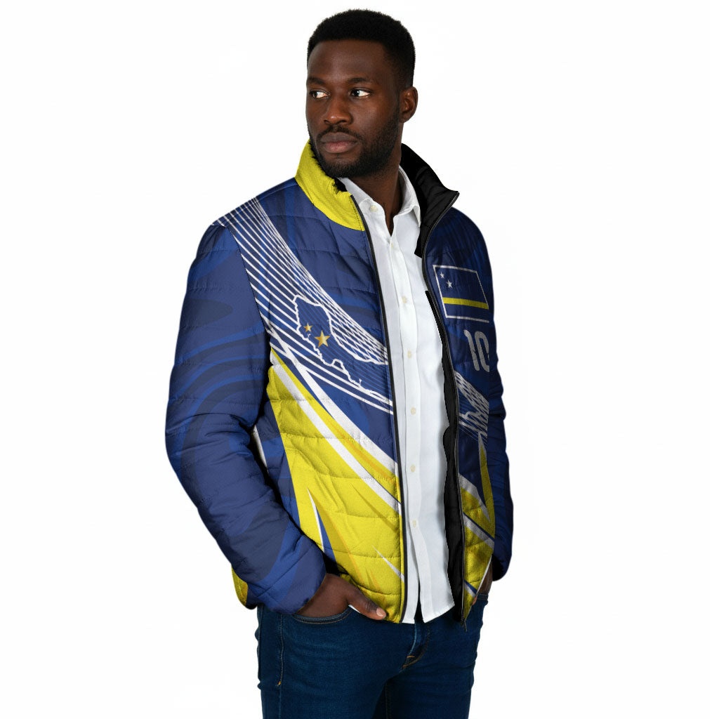 Curacao National Football Custom Padded Jacket Abstract Sharp Wave Pattern Sporty Style with Map