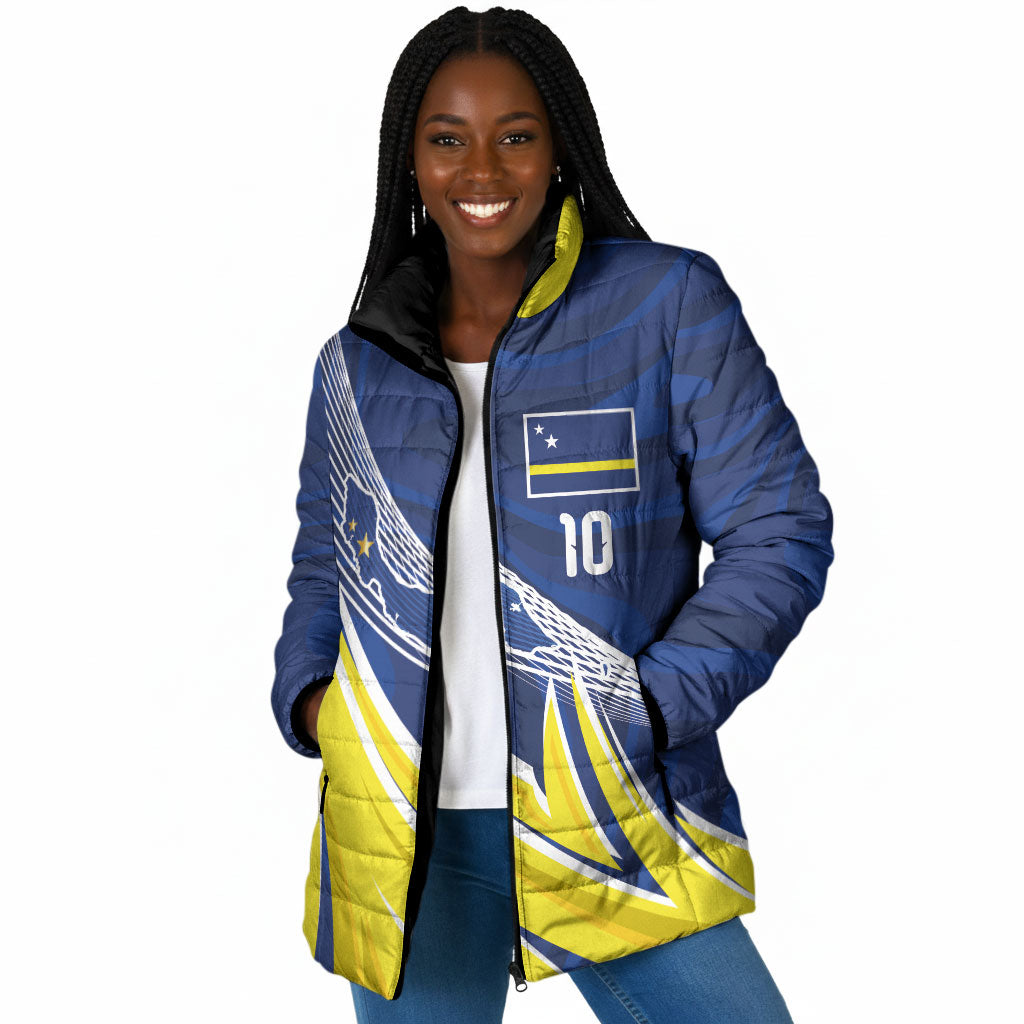 Curacao National Football Custom Padded Jacket Abstract Sharp Wave Pattern Sporty Style with Map