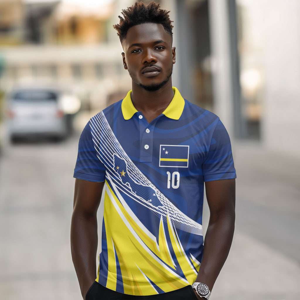 Curacao National Football Custom Polo Shirt Abstract Sharp Wave Pattern Sporty Style with Map