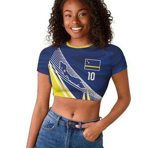 Curacao National Football Custom Raglan Cropped T shirt Abstract Sharp Wave Pattern Sporty Style with Map