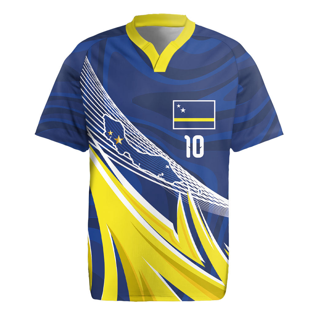 Curacao National Football Custom Rugby Jersey Abstract Sharp Wave Pattern Sporty Style with Map