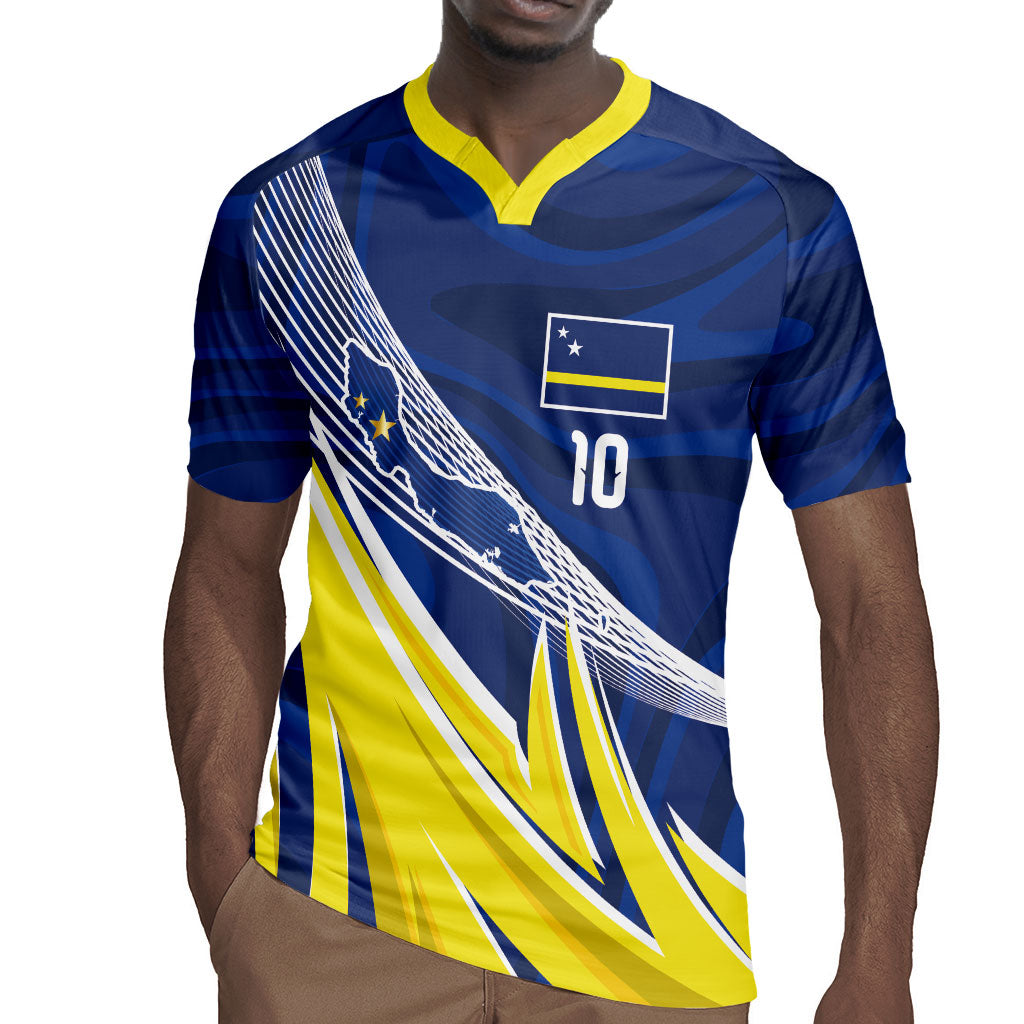 Curacao National Football Custom Rugby Jersey Abstract Sharp Wave Pattern Sporty Style with Map