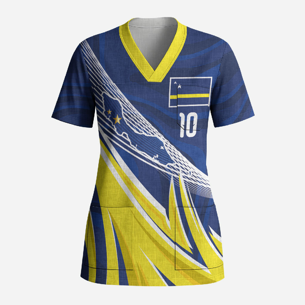 Curacao National Football Custom Scrub Top Abstract Sharp Wave Pattern Sporty Style with Map
