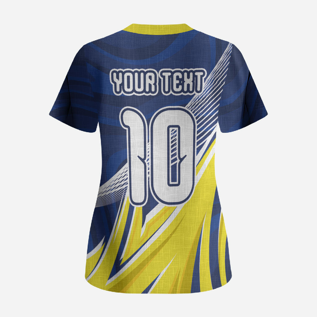Curacao National Football Custom Scrub Top Abstract Sharp Wave Pattern Sporty Style with Map