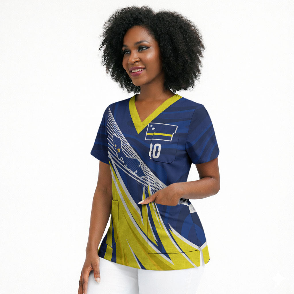 Curacao National Football Custom Scrub Top Abstract Sharp Wave Pattern Sporty Style with Map