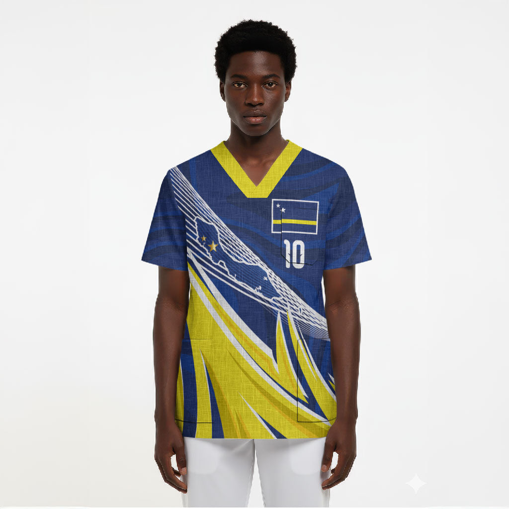 Curacao National Football Custom Scrub Top Abstract Sharp Wave Pattern Sporty Style with Map