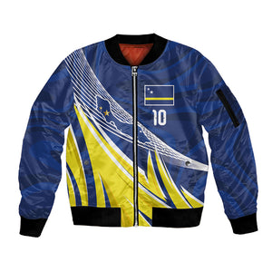Curacao National Football Custom Sleeve Zip Bomber Jacket Abstract Sharp Wave Pattern Sporty Style with Map