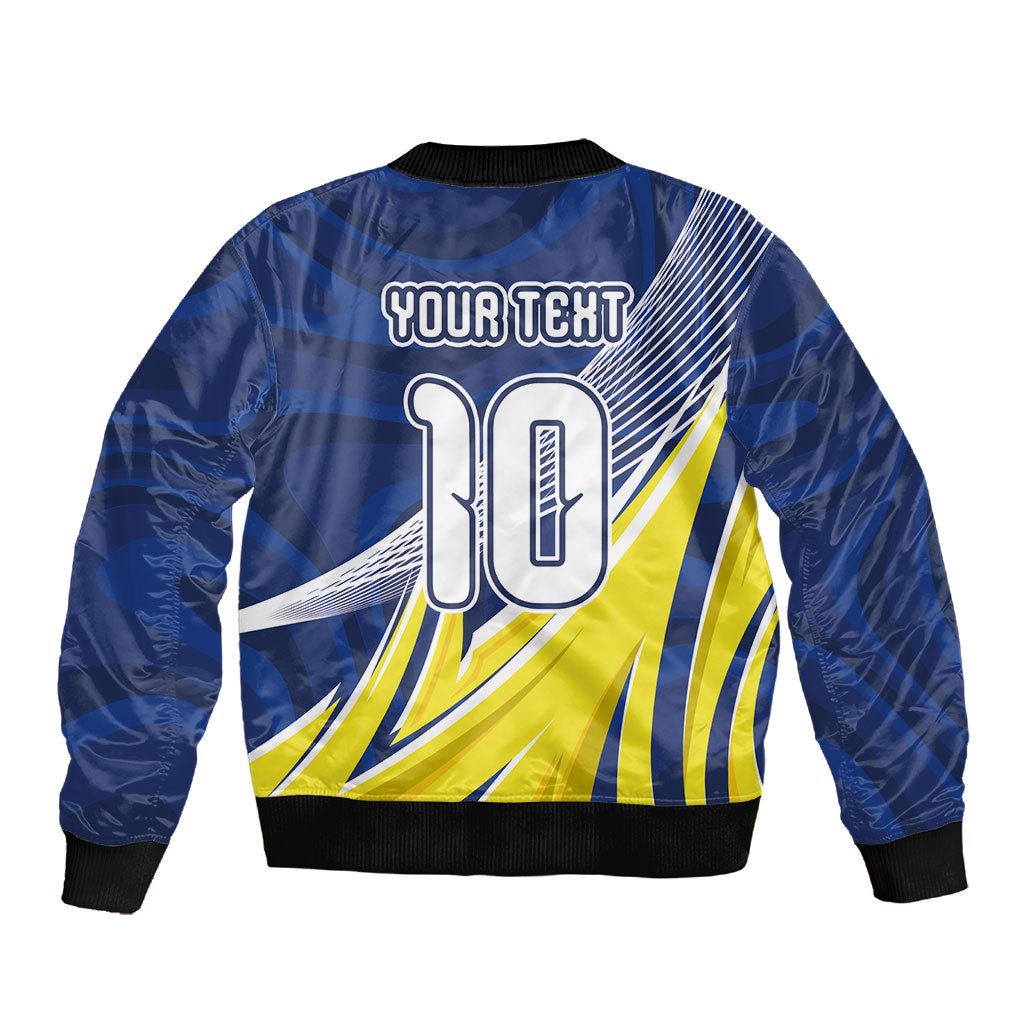 Curacao National Football Custom Sleeve Zip Bomber Jacket Abstract Sharp Wave Pattern Sporty Style with Map