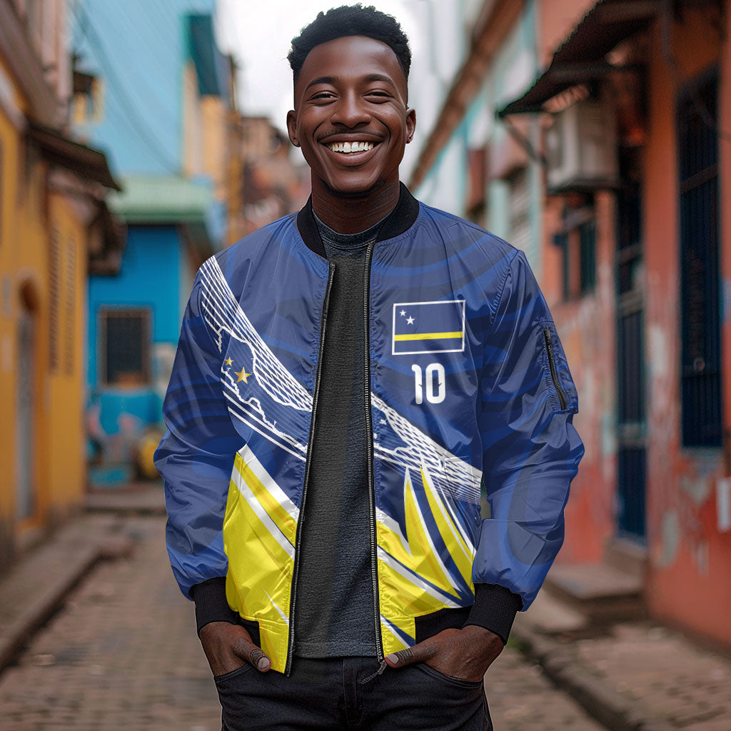 Curacao National Football Custom Sleeve Zip Bomber Jacket Abstract Sharp Wave Pattern Sporty Style with Map
