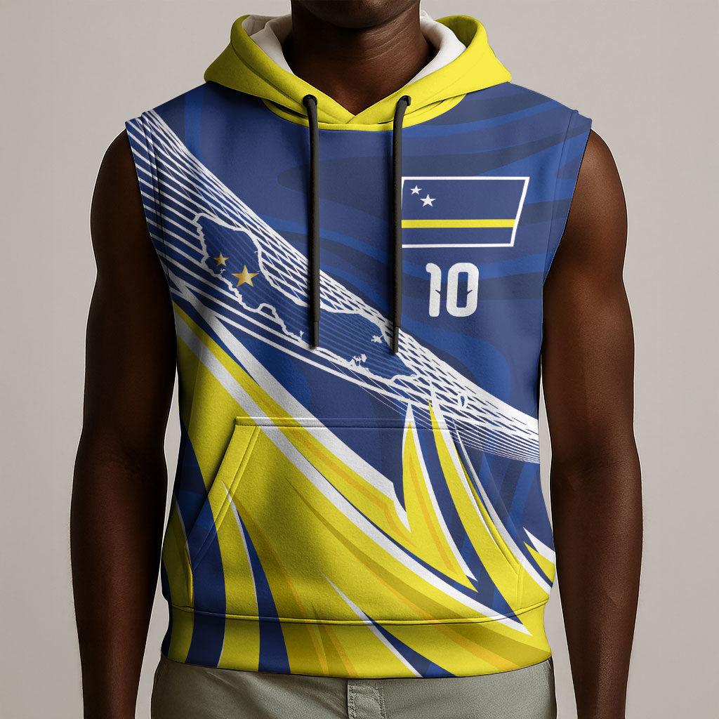 Curacao National Football Custom Sleeveless Hoodie Abstract Sharp Wave Pattern Sporty Style with Map