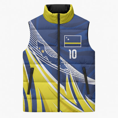 Curacao National Football Custom Sleeveless Puffer Jacket Abstract Sharp Wave Pattern Sporty Style with Map