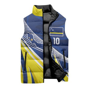 Curacao National Football Custom Sleeveless Puffer Jacket Abstract Sharp Wave Pattern Sporty Style with Map